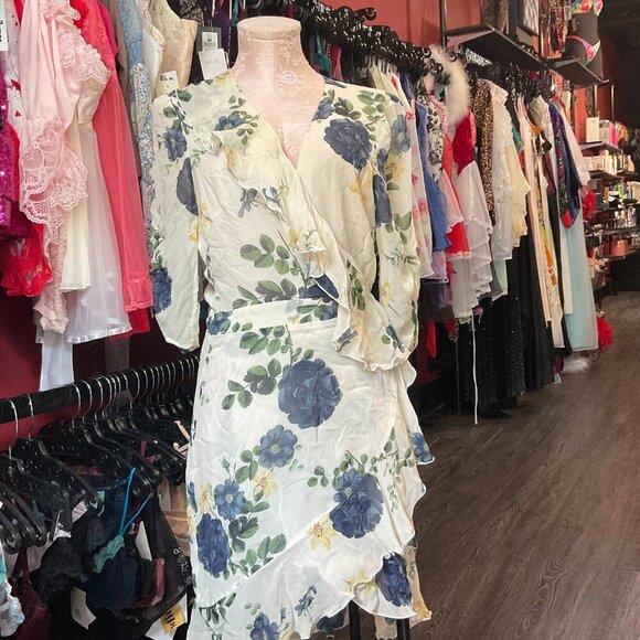 Nicholas Floral Print Ruffle V-Neck Wrap Dress Tie-Back Long Sleeve Size 8 White - Picture 2 of 4